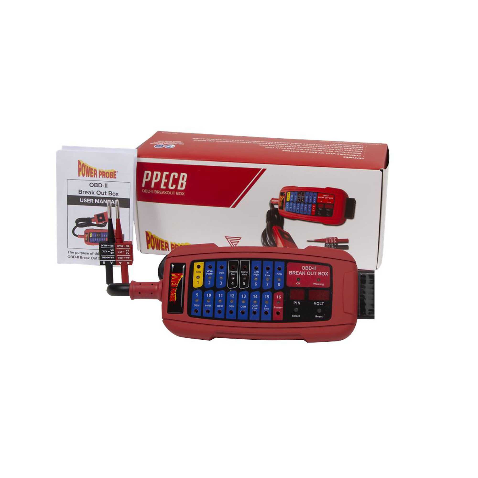 Power Probe OBD-II Break-Out Box — Live Signal Display, Low Voltage Alarm, 2-Pin Adapter, Model# PPRPPECB